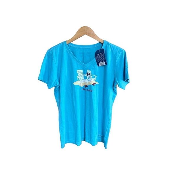 Life is Good Medium (M) V Neck Crusher Flip Flops Adirondack Chairs Drink Turquo - Picture 1 of 7